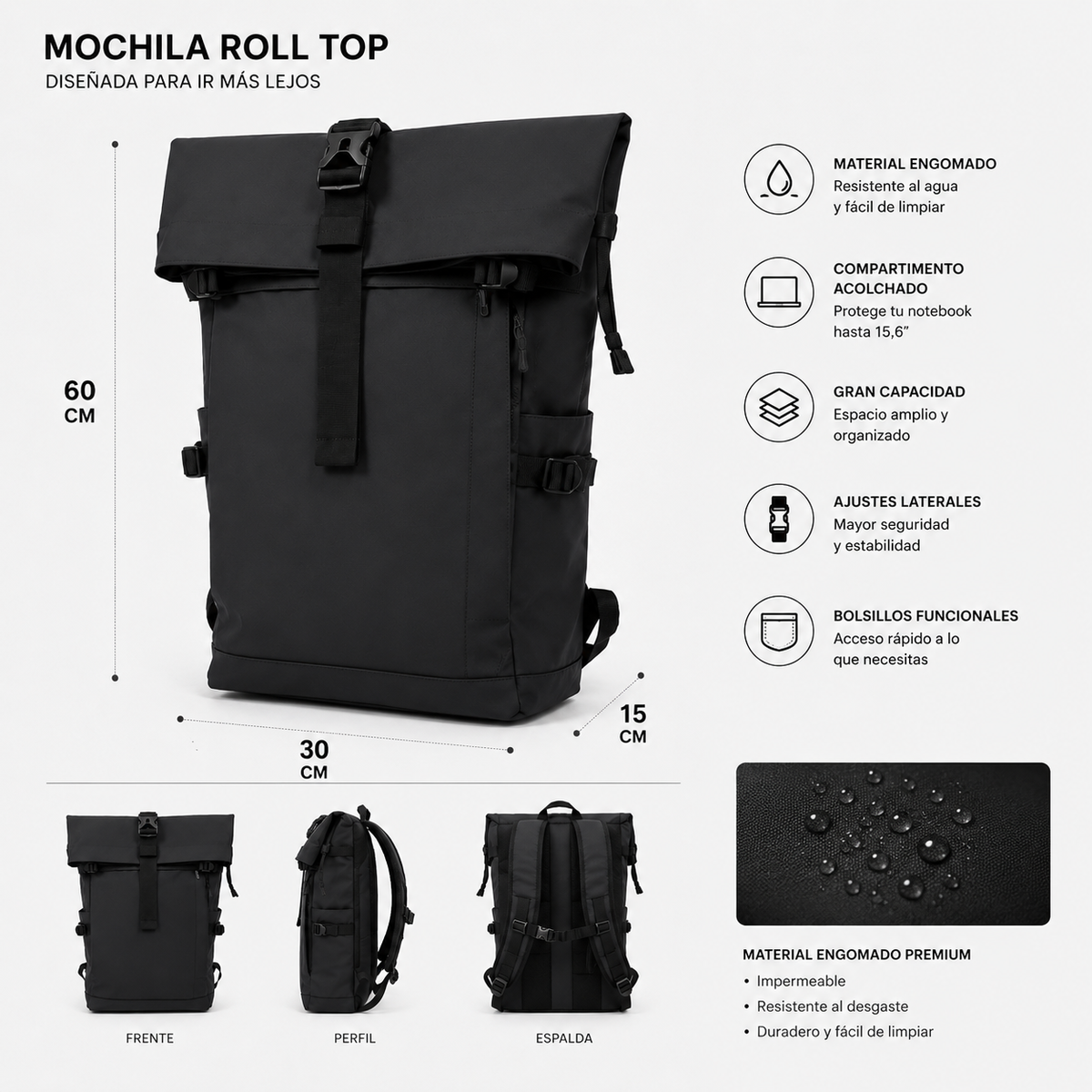 Mochila Roll Top Premium Negra