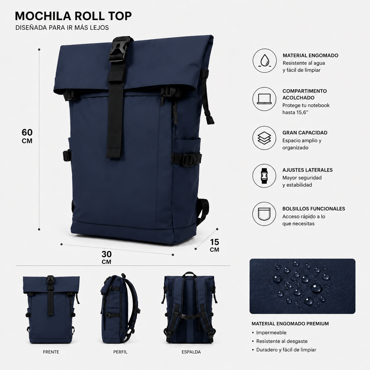 Mochila Roll Top Premium Azul marino